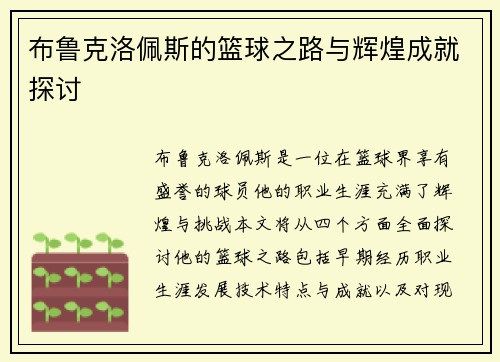 布鲁克洛佩斯的篮球之路与辉煌成就探讨
